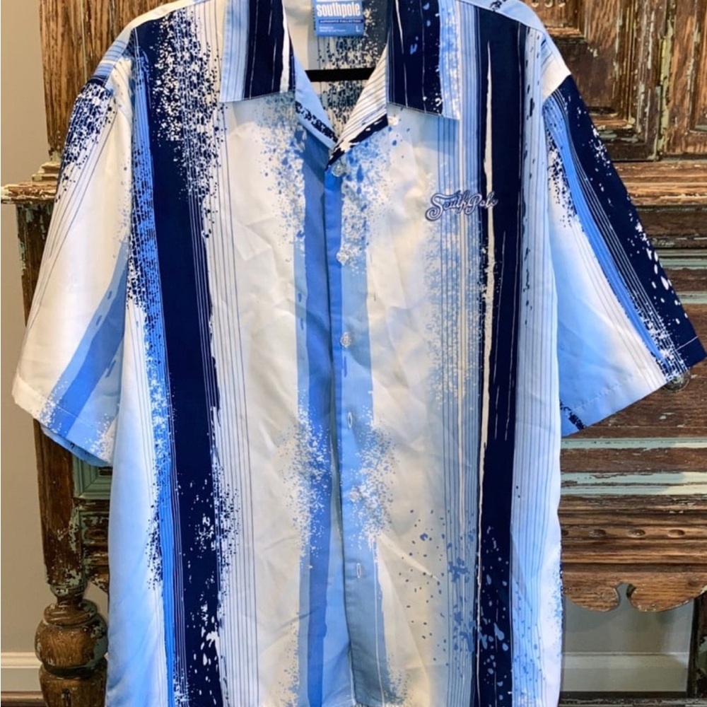 South Pole Men's Casual Blue and White Shirt